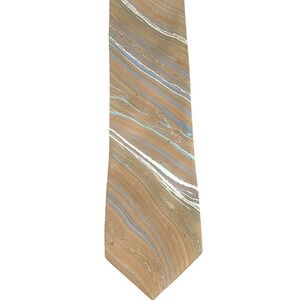Harmonie Mens Hand Marbled Silk Tie Tan Blue Abstract Swirl Artisan 59.5x3.5